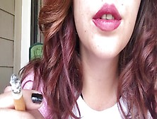 Sexy Brunette Babe Smoking 100 W Pink Lipstick And Fuzzy Hello Kitty Shirt