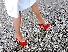 Russian Milf Walking In Red Platforms Heels