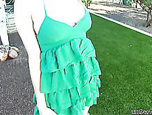 Four-Eyed Brunette Chick With Huge Boobies In Green Dress Fingering Her Muff From Behind