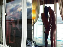 Couple Film Themselves Fucking From Inside Balcony Door,  Girlfriend Laps Up Cum From Window