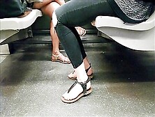 Blonde & Asian Feet On The Metro (Faceshot)