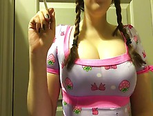 Chubby Brunette Youngster With Huge Natural Melons Smoking In Pigtails