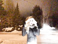 Amateur Female Masker Wearing Short Ebony Suit Outside In Winter