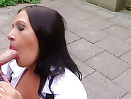 Pvc Dress Slut With White Blouse - Public Latex Blowjob Handjob With Red Long Nails - Cum On My Tits