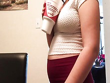 Chubby Girl Drinks Some Shake And Shows That Big Belly