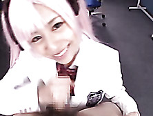 Japanese Teen With Pink Wig Wearing Her White And Black School Girl Outfit Gets On Her Knees And Sucks The Jizz Out Of A Huge Di