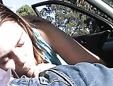 Making Out In The Car,  She Opens His Pants,  Taking His Cock In Her Mouth