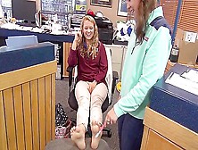 Shy Blonde Gets Her Gorgeous Feet Tickled At Work By Her Female Colleague