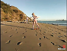 Slim Blondie Enjoying Bondage Fun On The Beach And Indoors