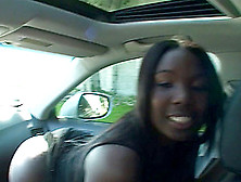 Refined Ebony Babe With Long Hair Gets Her Face Fucked In The Car