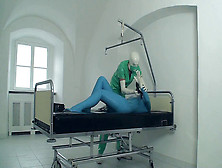 Sexy Girl Total Encased In Blue Latex Catsuit + Condom Mask And Hard Fucked