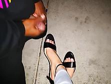 Black Pervert Cumming On Sexy Feet In Black Sandal In Public