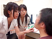 Nerdy Guy Gets His Dong Jerked Off By Horny Asian Sluts In The Office