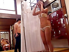 Sauna Girl Gets Naked With The Guys To Suck And Stroke Them