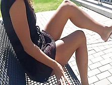 Long Legged Goddess Walking In Public In High Heels And See Through Dress