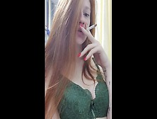 Smoking Strawberry Blonde In Green Lingerie