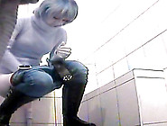 Hardcore Blonde Is Pissing In The Public Toilet