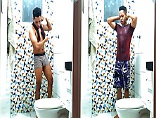 Hot Boy Goes To Shower In Striped Underwear