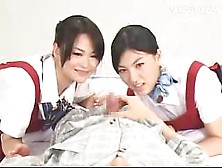 2 Asian Girls Watching How Guy Jerking In Pijama On The Bed