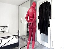 Red Leather Hooded Fiance Into Handcuffs And Chains
