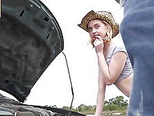 Little Petite Blonde Had Problem With The Car So A Black Tow Dri