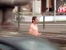 Naked Guy Doing Karate In Public Fountain