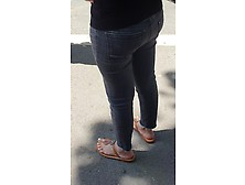 Candid Feet With White Painted Nails Of A Latina Milf At The Bus Stop