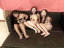 Three Hot Asians In Dresses Bounded On A Couch