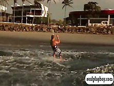 Three Big Boobs Babes Strip Naked And Try Out Kite Boarding