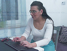 Nerdy Long Haired Brunette Babe Vianne Masturbates At The Office