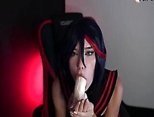 Ryuko Matoi Fucks Herself With Gigantic Vibrator Into Twat And Mouth