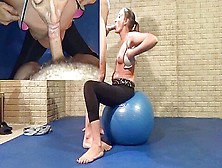 Sexy Tight Milf In Yoga Pants,  Gets Her Mouth And Pussy Worked Out On A Yoga Ball