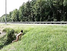 Crawling Completely Nude Inside Outdoor Next To The Road