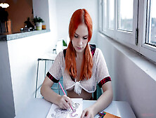 A College Girl Draws A Coloring Book And Spreads Her Legs When A Guy Comes