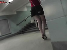 Girl Goes Upstairs And Shows The Upskirt