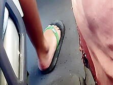 Young Brunette Woman Wiggles Her Yummy Toes On The Bus,  Close Up View