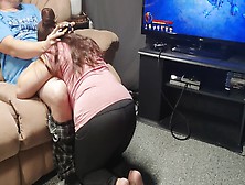 Step Mom Tries To Distract Son From Gaming,  Gets Jizz In Mouth Instead.
