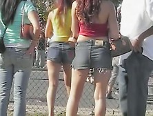 Street Candid With Young Bimbos In Short Jeans Skirt