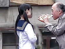 Cute Japanese Schoolgirl Gives Blowjob To A Lucky Old Man