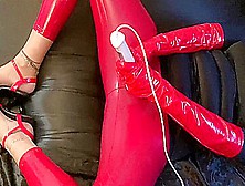 Red Leggings,  Red Gloves,  Black And Red Heels Masturbation