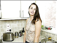 Stunning Bird In A Lacy Brown Top Gets In The Nude In The Kitchen.