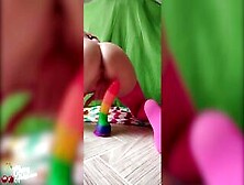 Woman Jumping On Rainbow Dildo And Playing With Butt Plug