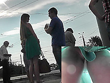 Upskirt Voyeur Scene At The Bus Stop With Awesome Lady