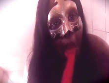 Ebony Girl In A Masquerade Mask Licking A Cherry Ice Pop & Put All Over Her