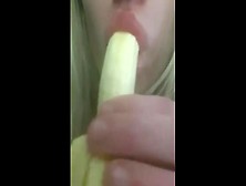 Charming Blonde With Large Juicy Lips Seductively Eats And Licks Banana (Then Two Go In)