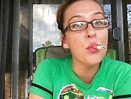 Sexy Nerdy Brunette Girl Smoking Outside In Glasses With Hair Up Tmnt Shirt
