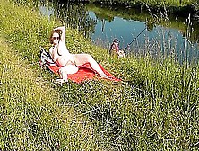 Wild Beach.  Sexy Milf Platinum Naked Sunbathing On River Bank,  Random Fisherman Guy Watches.  Naked In Public.  Nude Beach