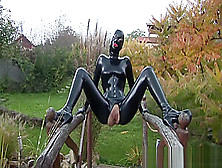 Crazy Girl In Tight Rubber Strips Outdoor