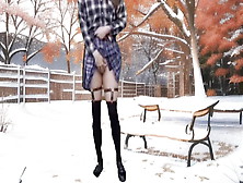 I Am Hot But The Weather Is Very Cold.  Pretty Gay Boy Twink In Schoolgirl Skirt In The Park In Snowing Day In The Park