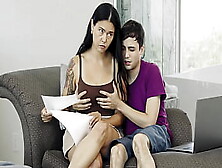 Attractive Step Mom Helps Her Step Son Study While Touching Her Breasts